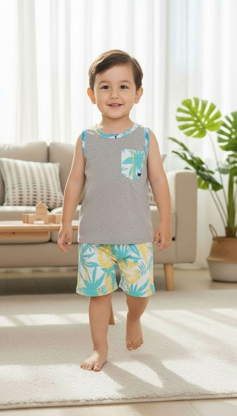 Boys’ Tropical Palm Tank Top & Shorts Set – 2‑Piece Summer Outfit