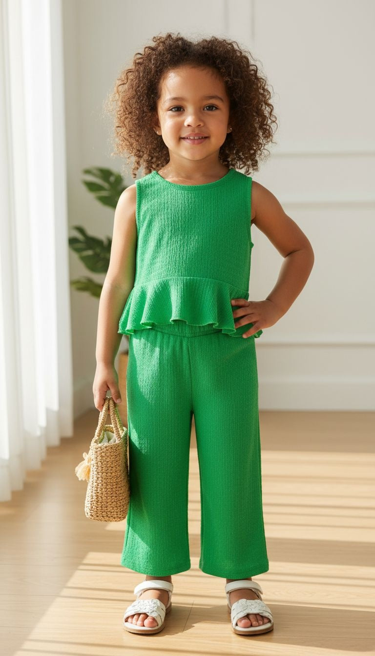 Girls’ Peplum Top & Wide‑Leg Pants Set – 2‑Piece Textured Outfit