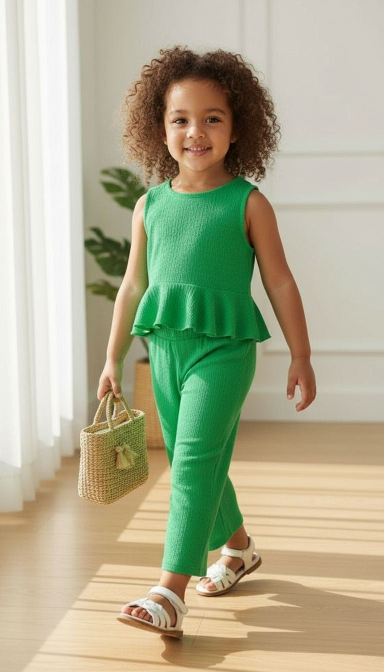 Girls’ Peplum Top & Wide‑Leg Pants Set – 2‑Piece Textured Outfit