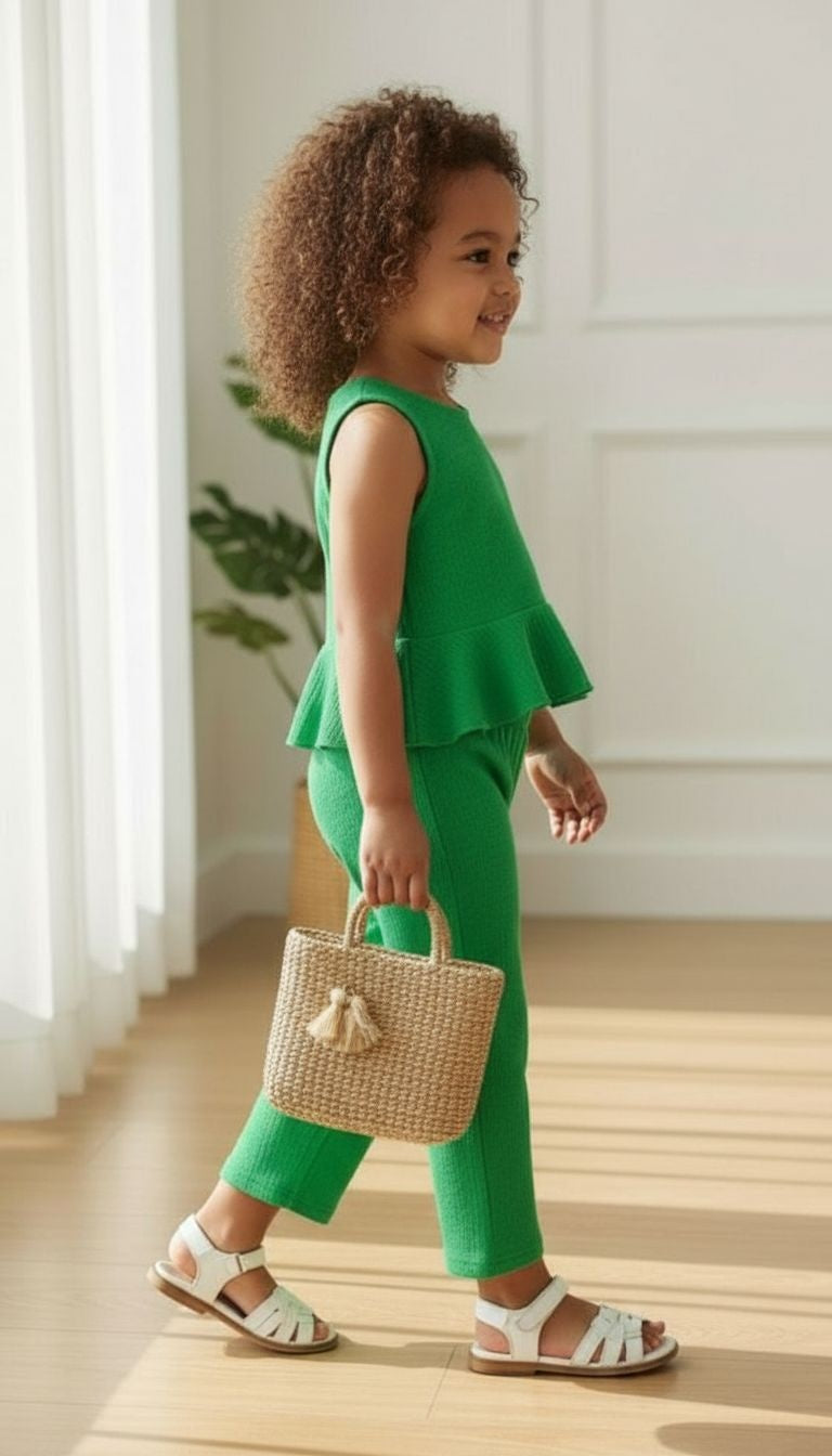 Girls’ Peplum Top & Wide‑Leg Pants Set – 2‑Piece Textured Outfit