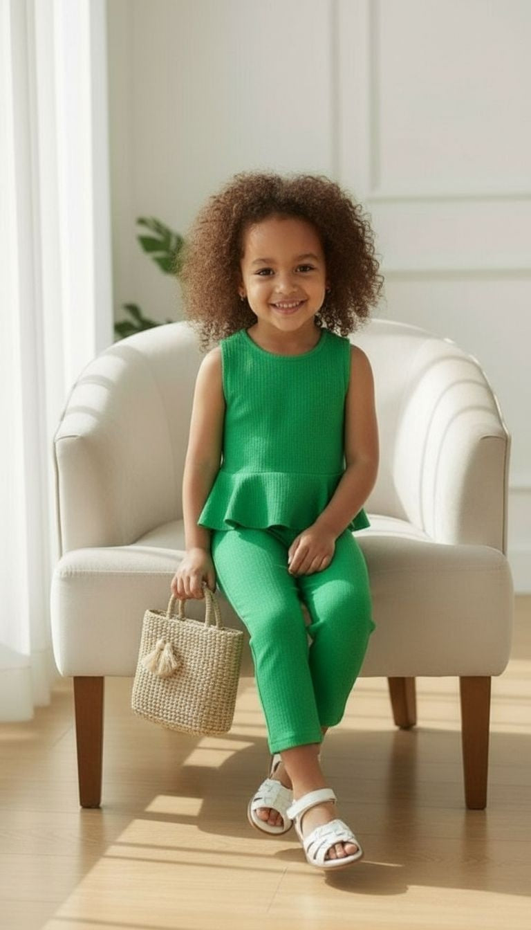 Girls’ Peplum Top & Wide‑Leg Pants Set – 2‑Piece Textured Outfit