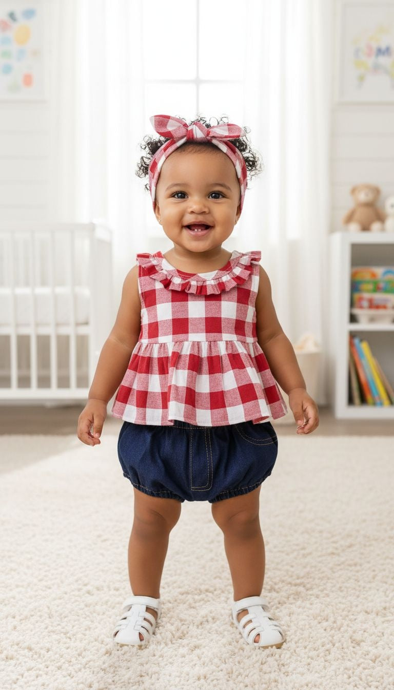 Baby Girls’ Gingham Ruffle Top & Denim Bloomers & Headband – 3‑Piece Outfit Set