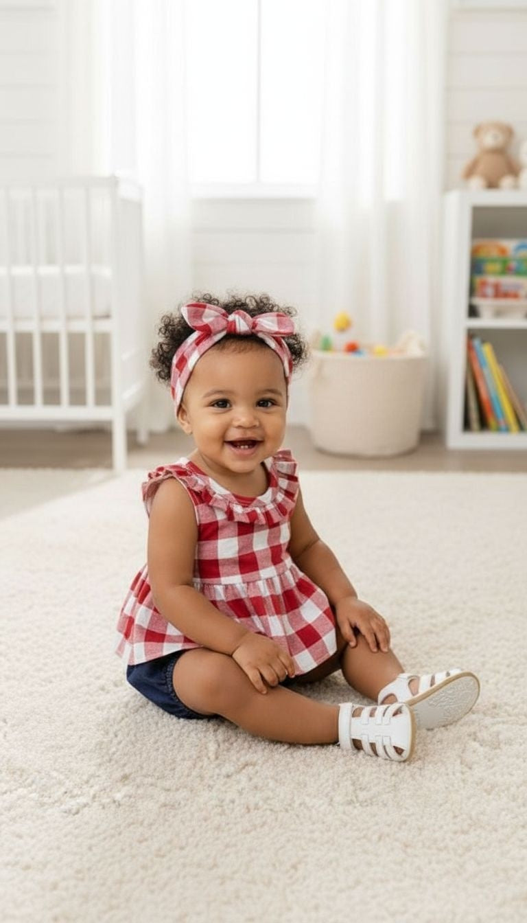 Baby Girls’ Gingham Ruffle Top & Denim Bloomers & Headband – 3‑Piece Outfit Set
