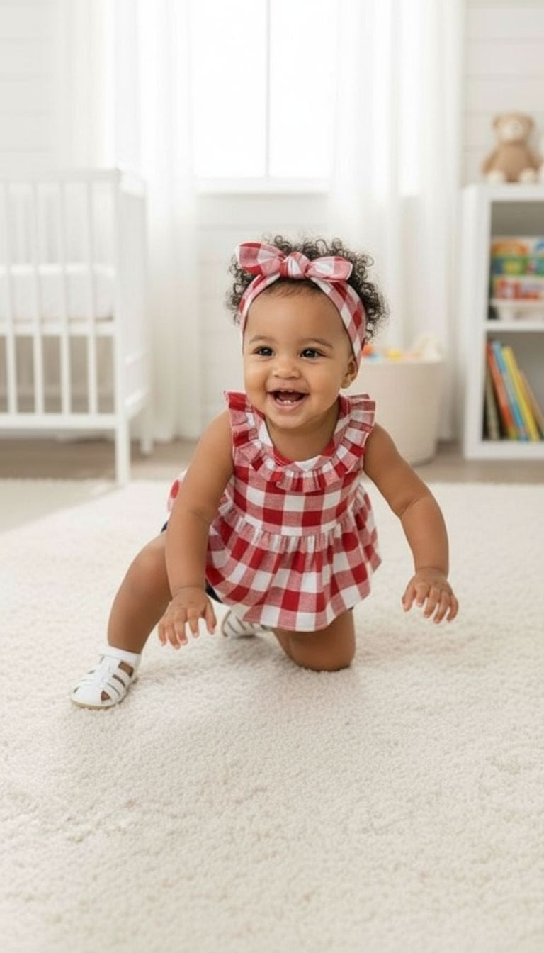 Baby Girls’ Gingham Ruffle Top & Denim Bloomers & Headband – 3‑Piece Outfit Set