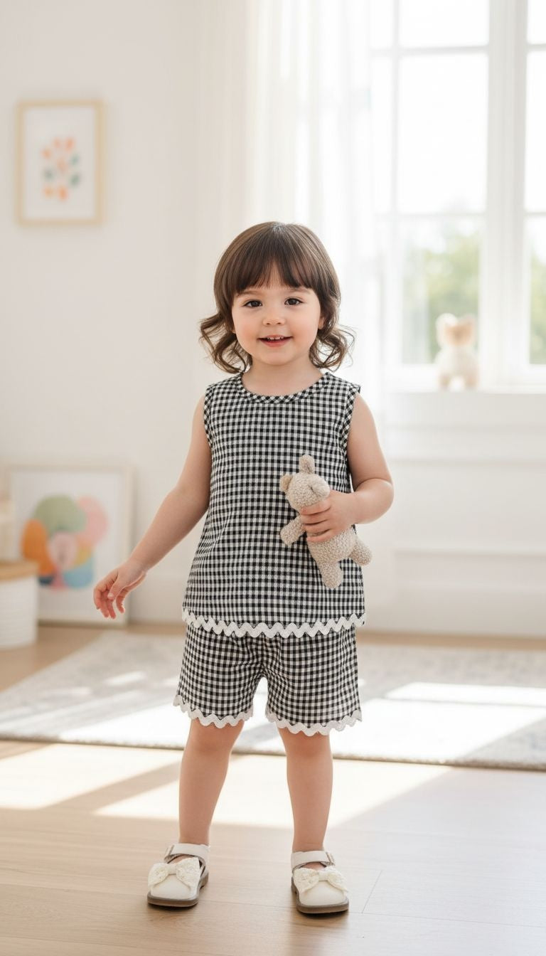 Girls’ Black & White Gingham Sleeveless Top & Shorts Set – 2‑Piece Summer Outfit