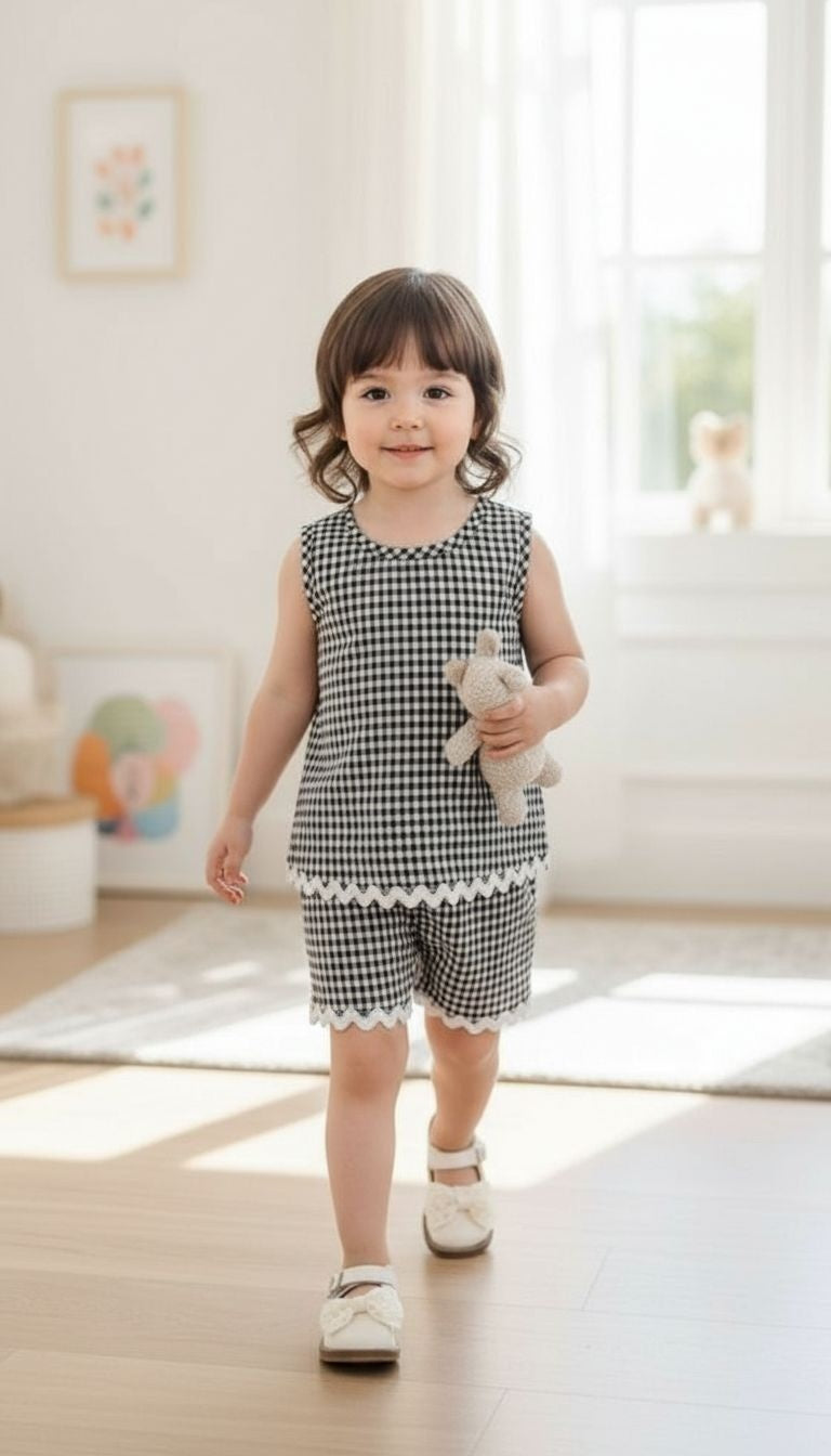 Girls’ Black & White Gingham Sleeveless Top & Shorts Set – 2‑Piece Summer Outfit