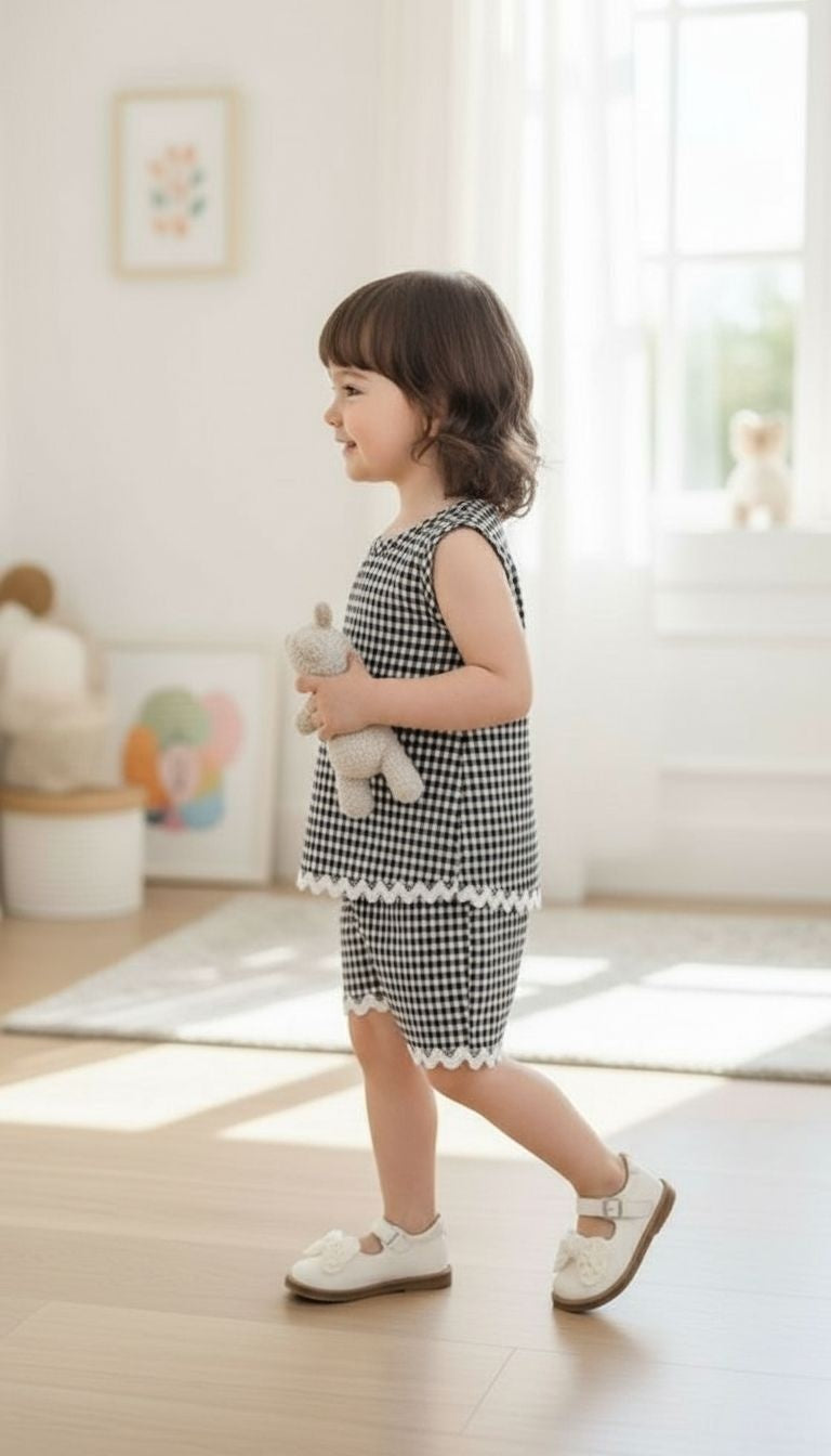 Girls’ Black & White Gingham Sleeveless Top & Shorts Set – 2‑Piece Summer Outfit