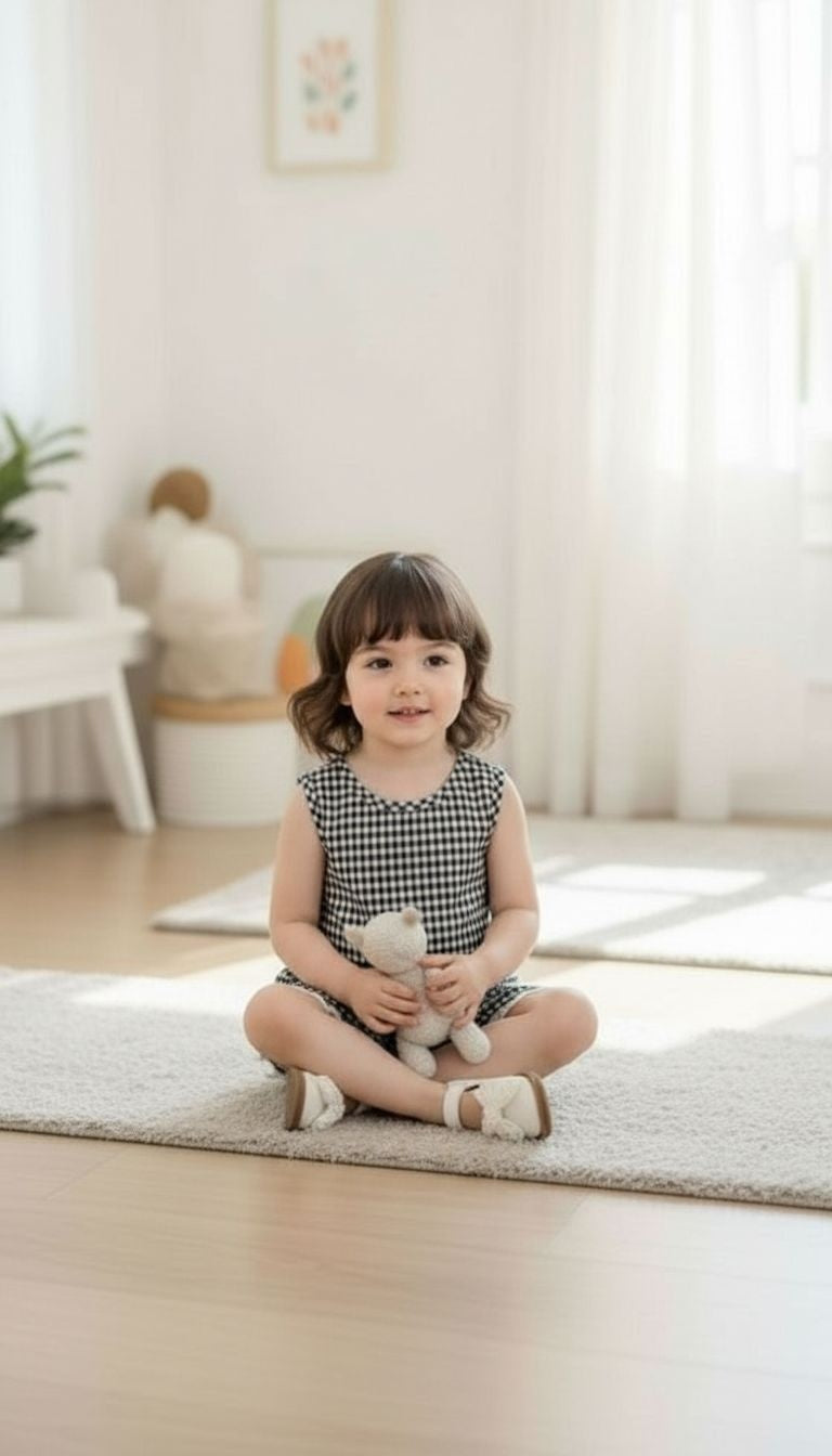 Girls’ Black & White Gingham Sleeveless Top & Shorts Set – 2‑Piece Summer Outfit