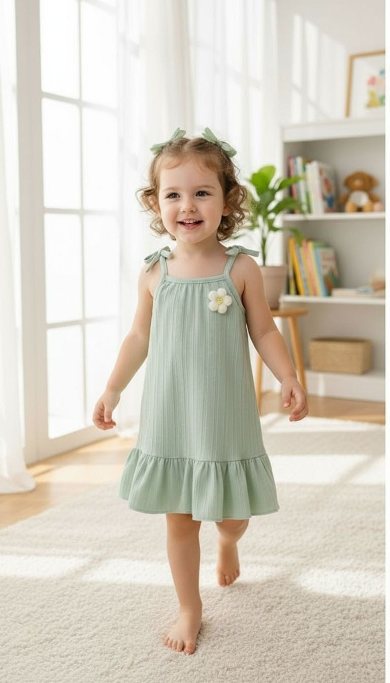 Girls’ Bow‑Strap Ruffle Hem Sundress with Flower Appliqué