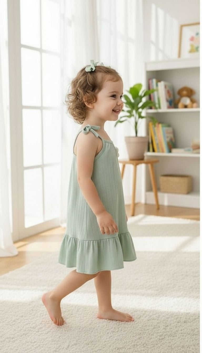 Girls’ Bow‑Strap Ruffle Hem Sundress with Flower Appliqué