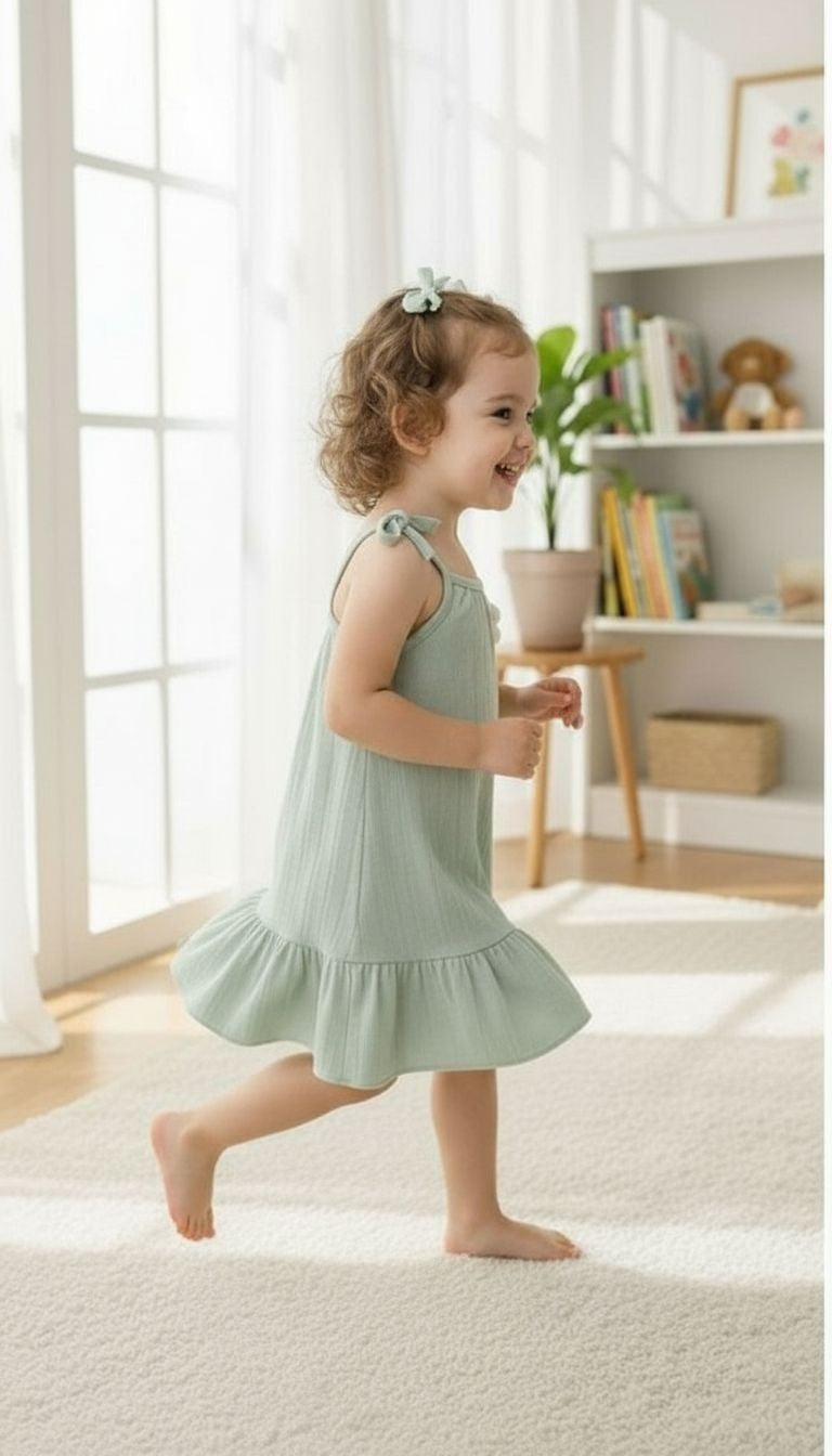 Girls’ Bow‑Strap Ruffle Hem Sundress with Flower Appliqué