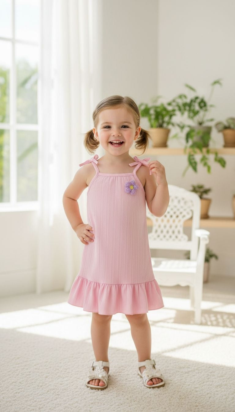Girls’ Bow‑Strap Ruffle Hem Sundress with Flower Appliqué