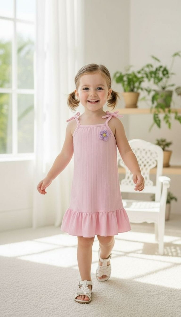 Girls’ Bow‑Strap Ruffle Hem Sundress with Flower Appliqué