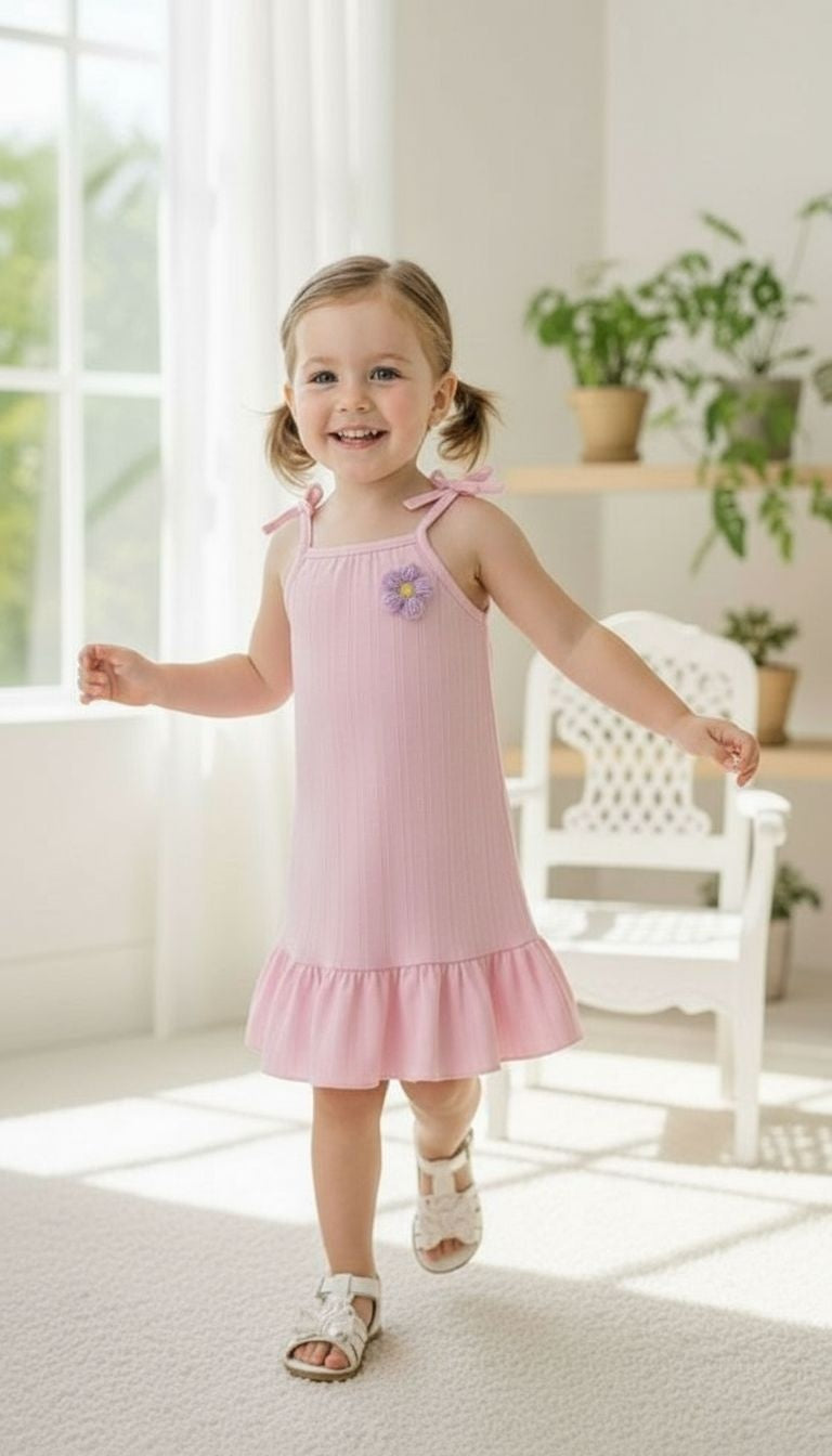 Girls’ Bow‑Strap Ruffle Hem Sundress with Flower Appliqué