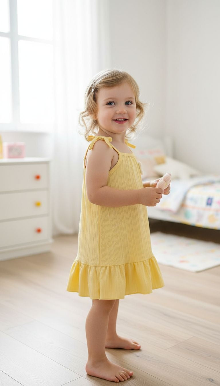 Girls’ Bow‑Strap Ruffle Hem Sundress with Flower Appliqué