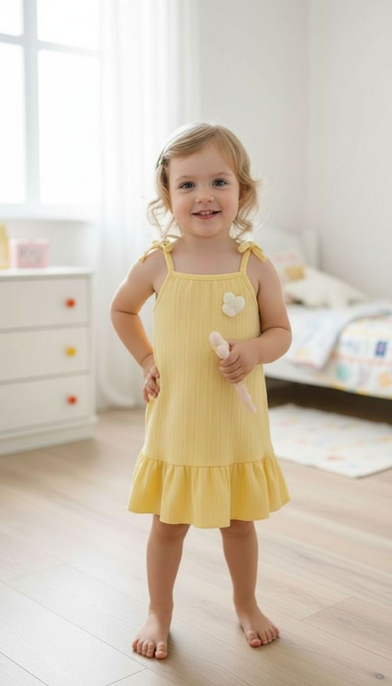Girls’ Bow‑Strap Ruffle Hem Sundress with Flower Appliqué