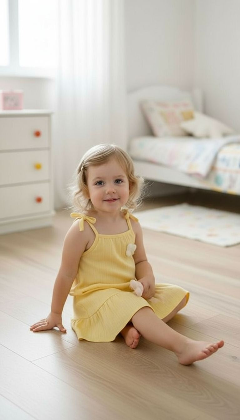 Girls’ Bow‑Strap Ruffle Hem Sundress with Flower Appliqué