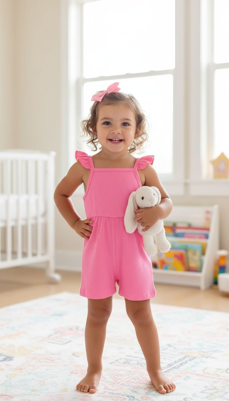 Girls’ Ruffle Strap Summer Romper – 3‑Pack