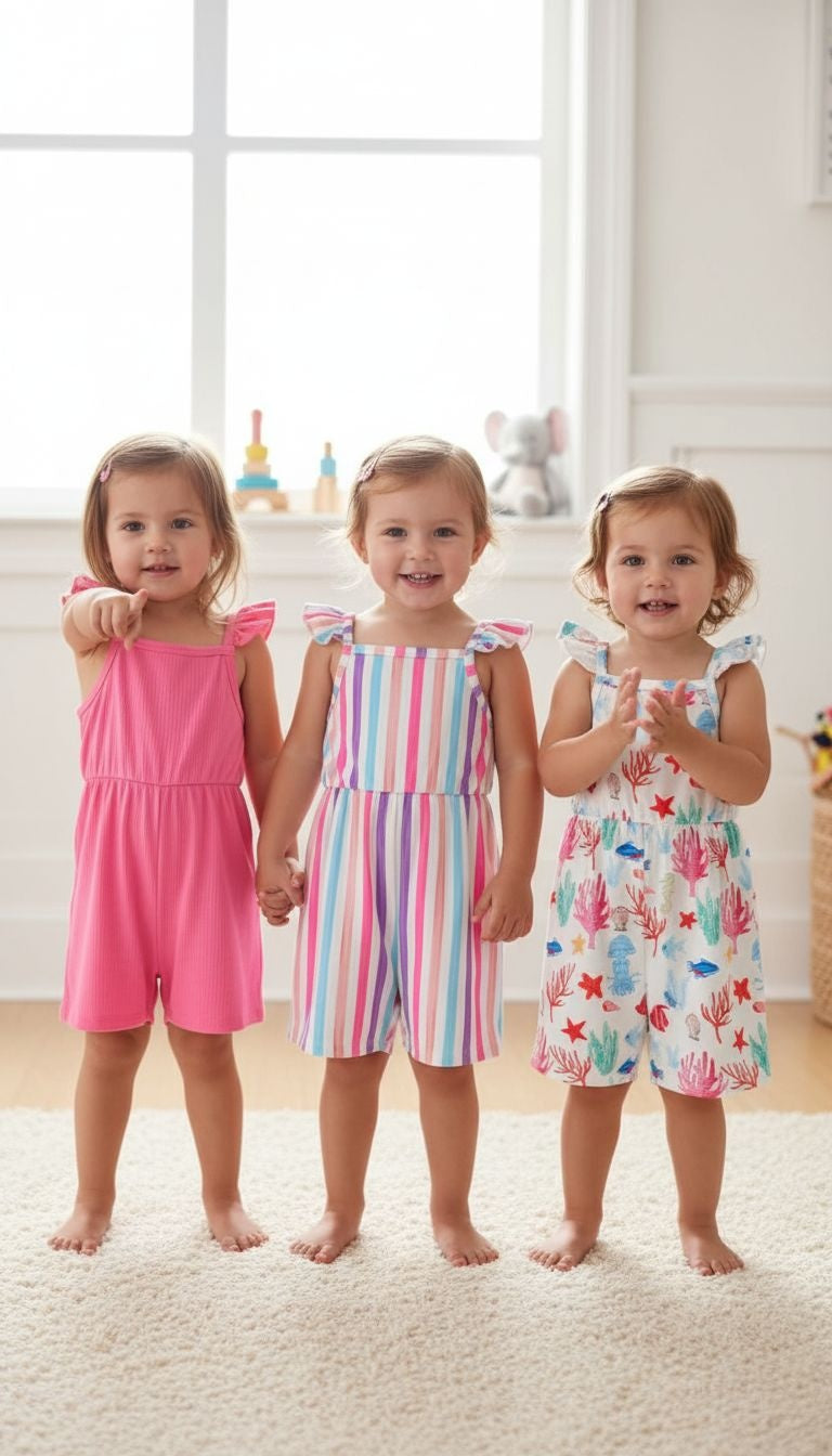 Girls’ Ruffle Strap Summer Romper – 3‑Pack