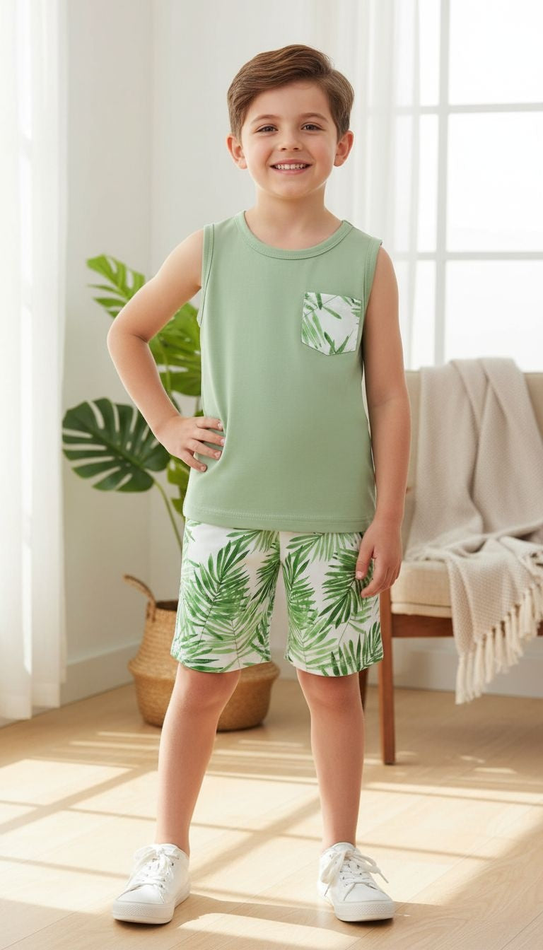 Boys’ Tropical Leaf Tank Top & Shorts Set – 2‑Piece Summer Outfit
