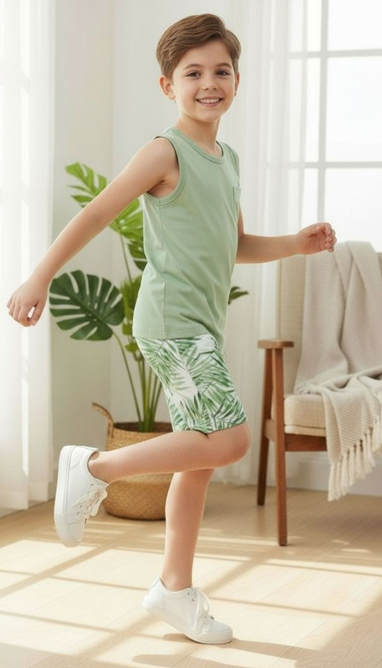 Boys’ Tropical Leaf Tank Top & Shorts Set – 2‑Piece Summer Outfit