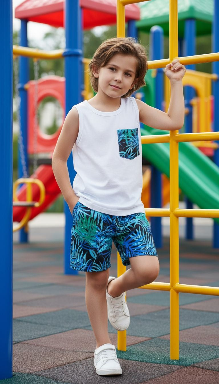 Boys’ Tropical Leaf Tank Top & Shorts Set – 2‑Piece Summer Outfit