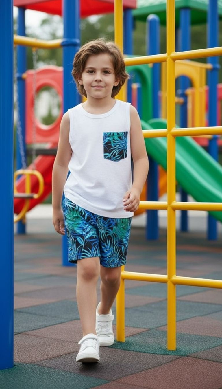 Boys’ Tropical Leaf Tank Top & Shorts Set – 2‑Piece Summer Outfit