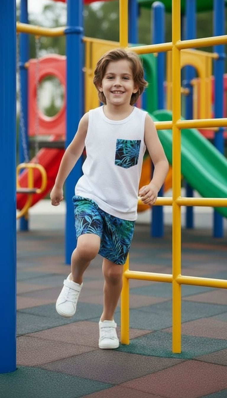 Boys’ Tropical Leaf Tank Top & Shorts Set – 2‑Piece Summer Outfit
