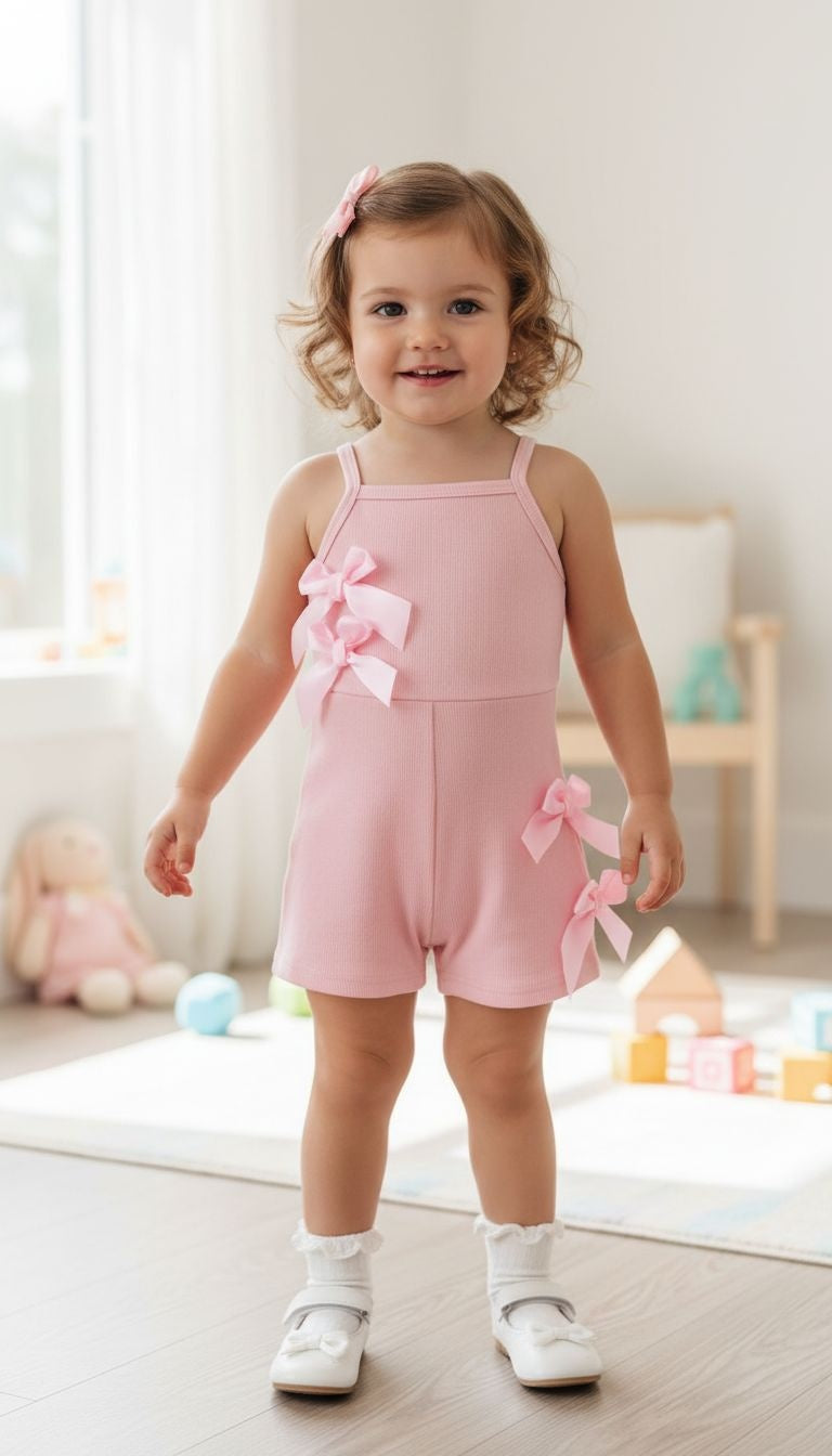 Girls’ Bow Accent Ribbed Romper – Sleeveless One‑Piece Summer Outfit