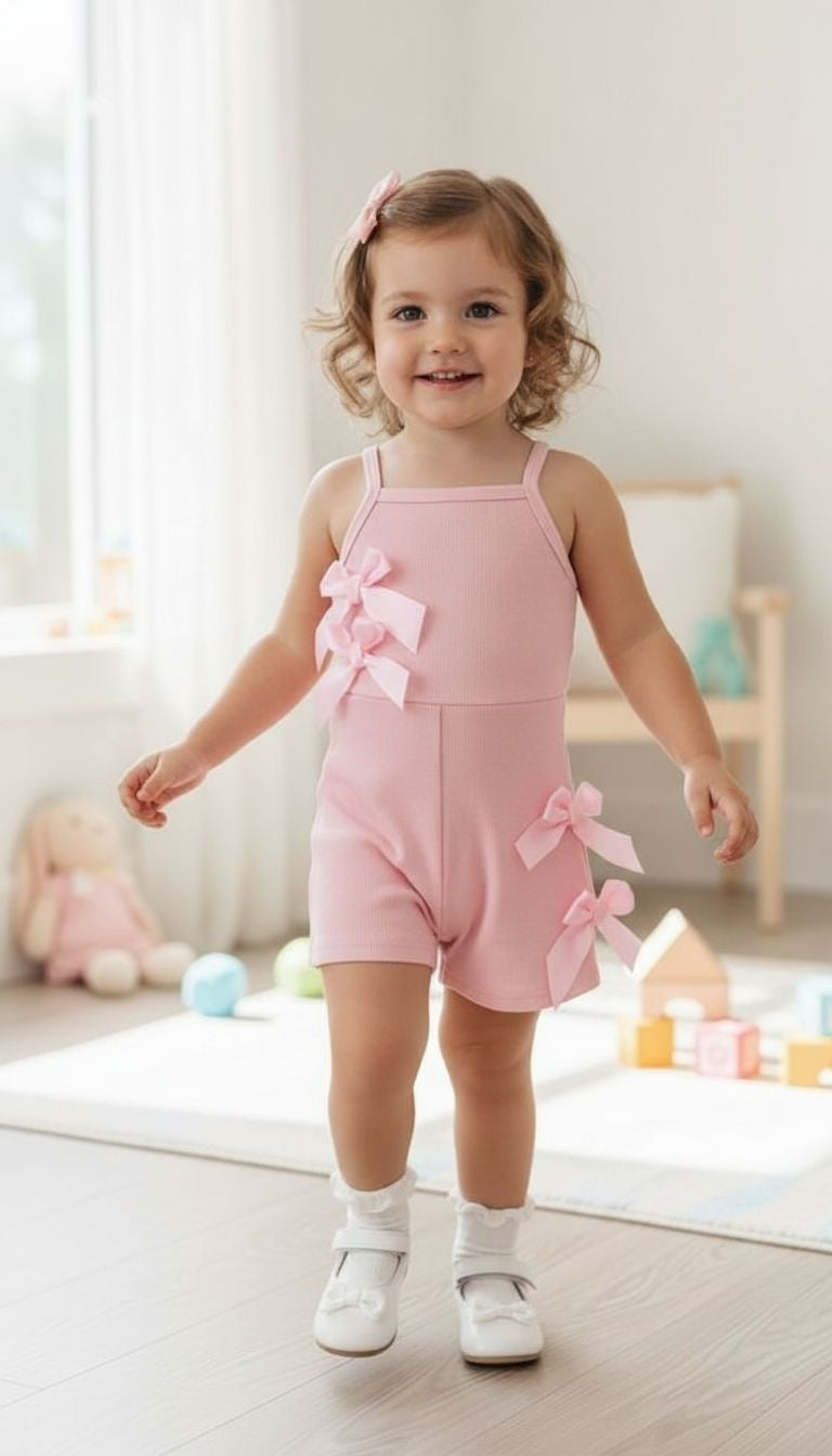 Girls’ Bow Accent Ribbed Romper – Sleeveless One‑Piece Summer Outfit