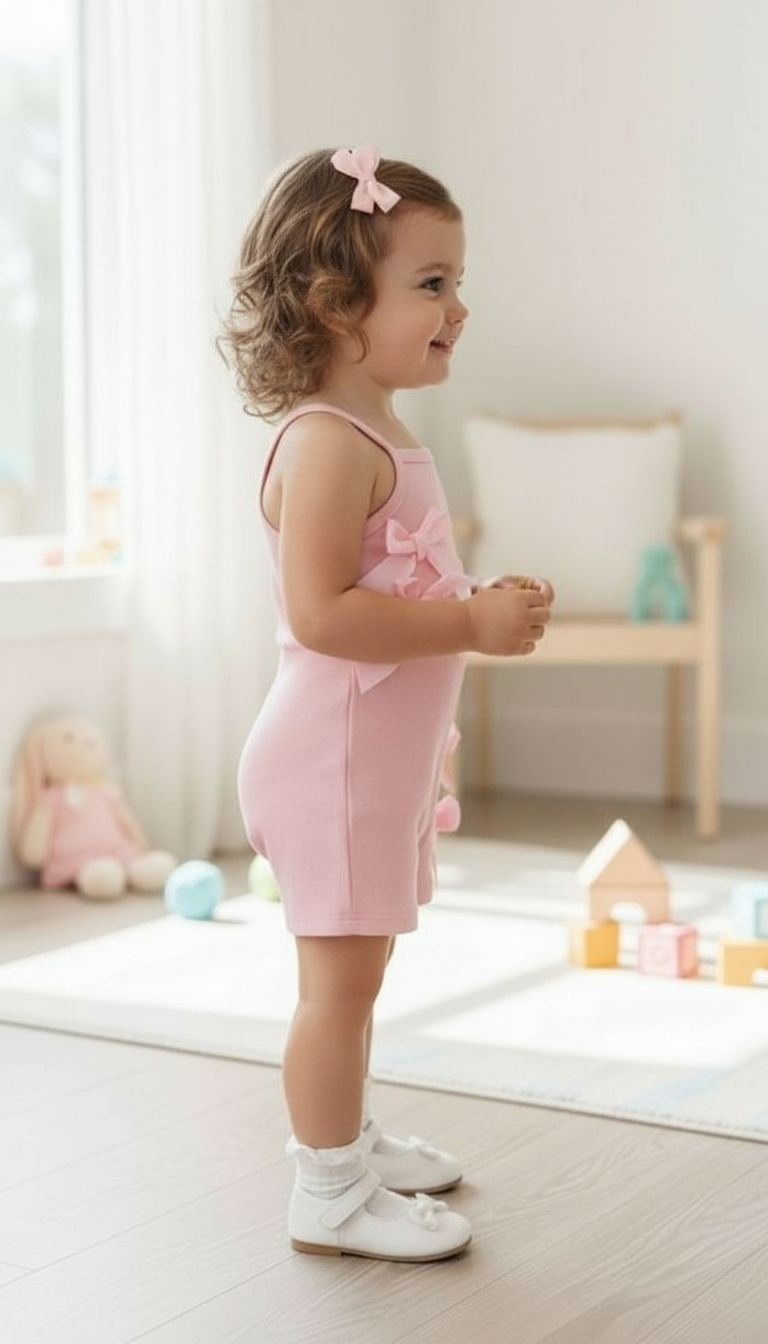 Girls’ Bow Accent Ribbed Romper – Sleeveless One‑Piece Summer Outfit