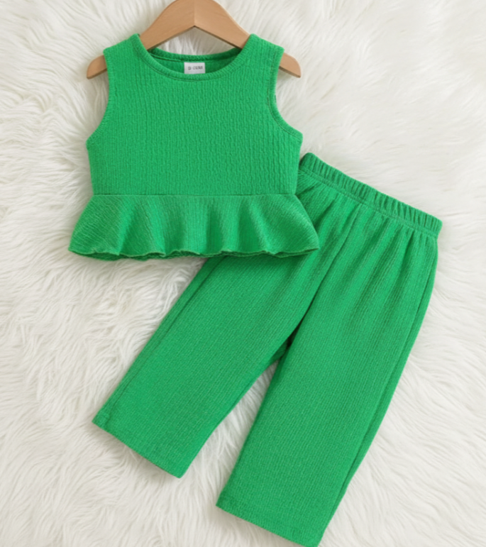 Girls’ Peplum Top & Wide‑Leg Pants Set – 2‑Piece Textured Outfit