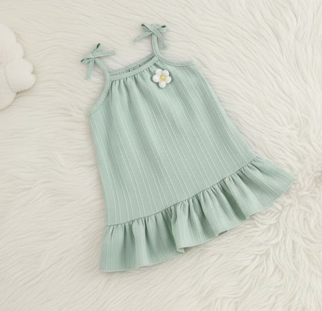 Girls’ Bow‑Strap Ruffle Hem Sundress with Flower Appliqué