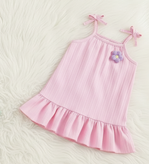 Girls’ Bow‑Strap Ruffle Hem Sundress with Flower Appliqué