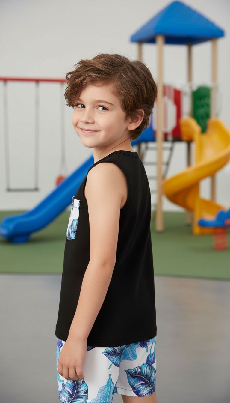 Boys’ Tropical Leaf Tank Top & Shorts Set – 2‑Piece Summer Outfit