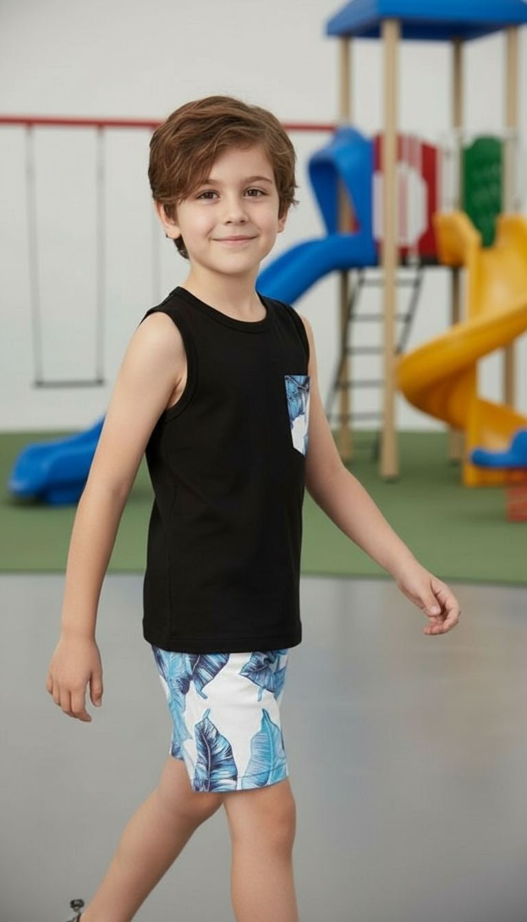 Boys’ Tropical Leaf Tank Top & Shorts Set – 2‑Piece Summer Outfit