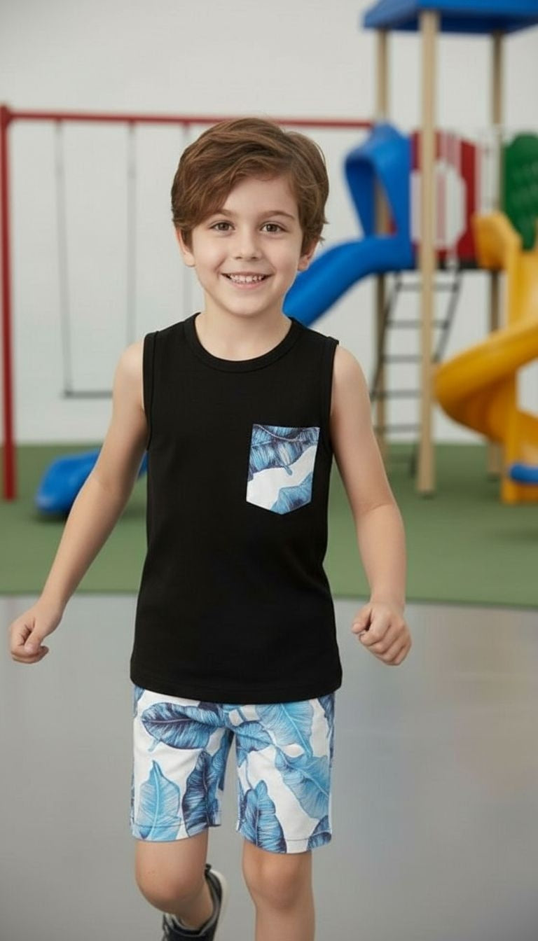 Boys’ Tropical Leaf Tank Top & Shorts Set – 2‑Piece Summer Outfit