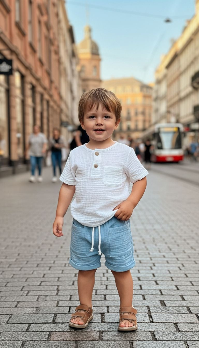 Button Henley Top and Shorts - 2- piece outfit set