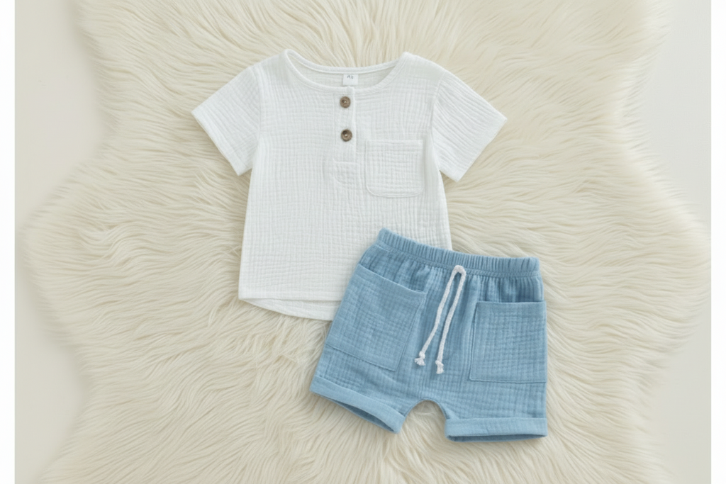 Button Henley Top and Shorts - 2- piece outfit set