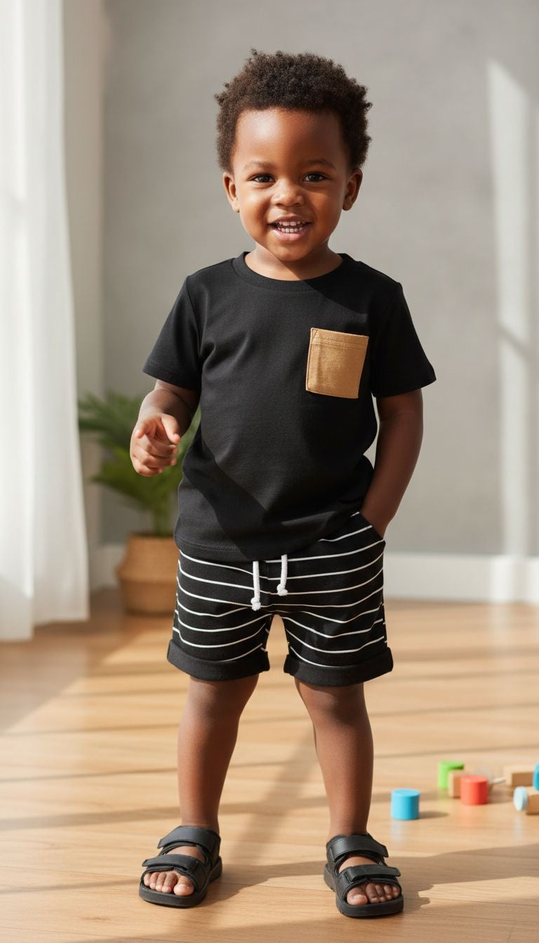 Contrast Pocket Outfit Set – Tee & Striped Shorts