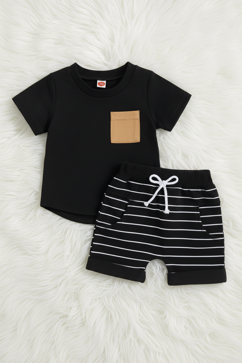 Contrast Pocket Outfit Set – Tee & Striped Shorts