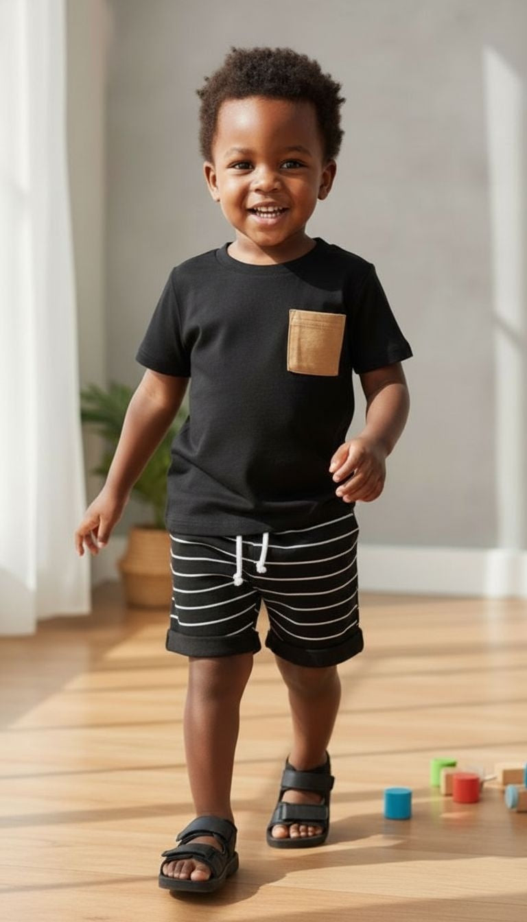 Contrast Pocket Outfit Set – Tee & Striped Shorts