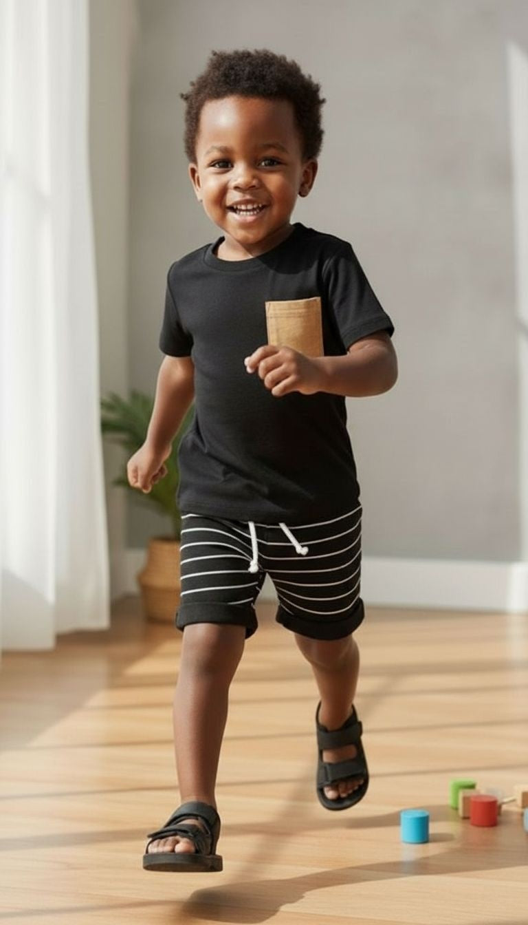 Contrast Pocket Outfit Set – Tee & Striped Shorts
