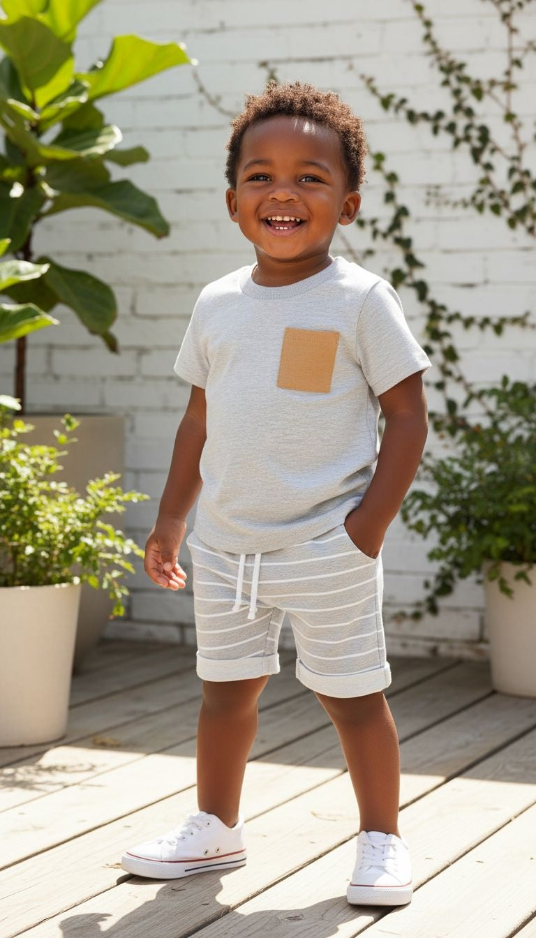 Contrast Pocket Outfit Set – Tee & Striped Shorts