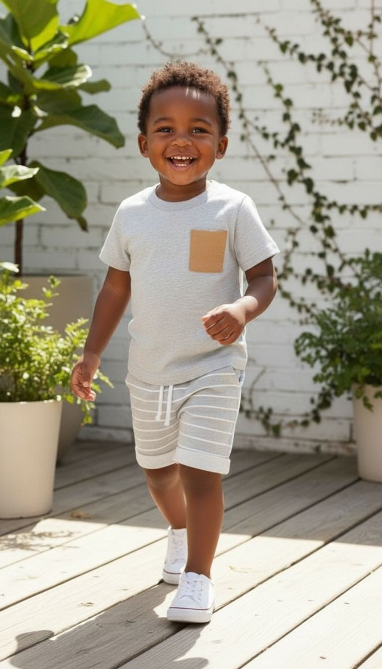 Contrast Pocket Outfit Set – Tee & Striped Shorts