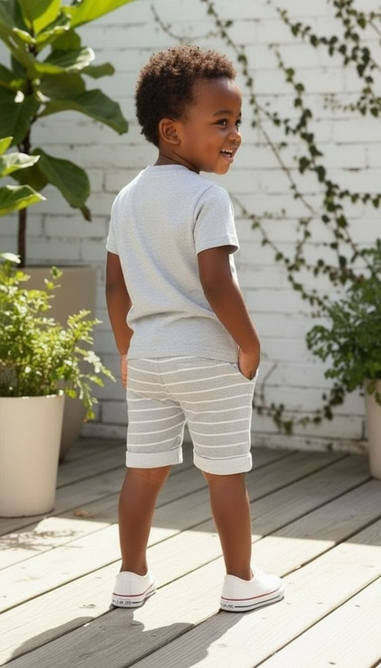 Contrast Pocket Outfit Set – Tee & Striped Shorts