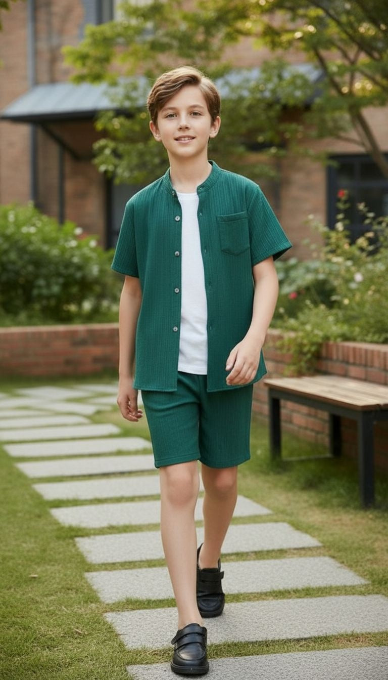 Textured Button Shirt & Shorts Set