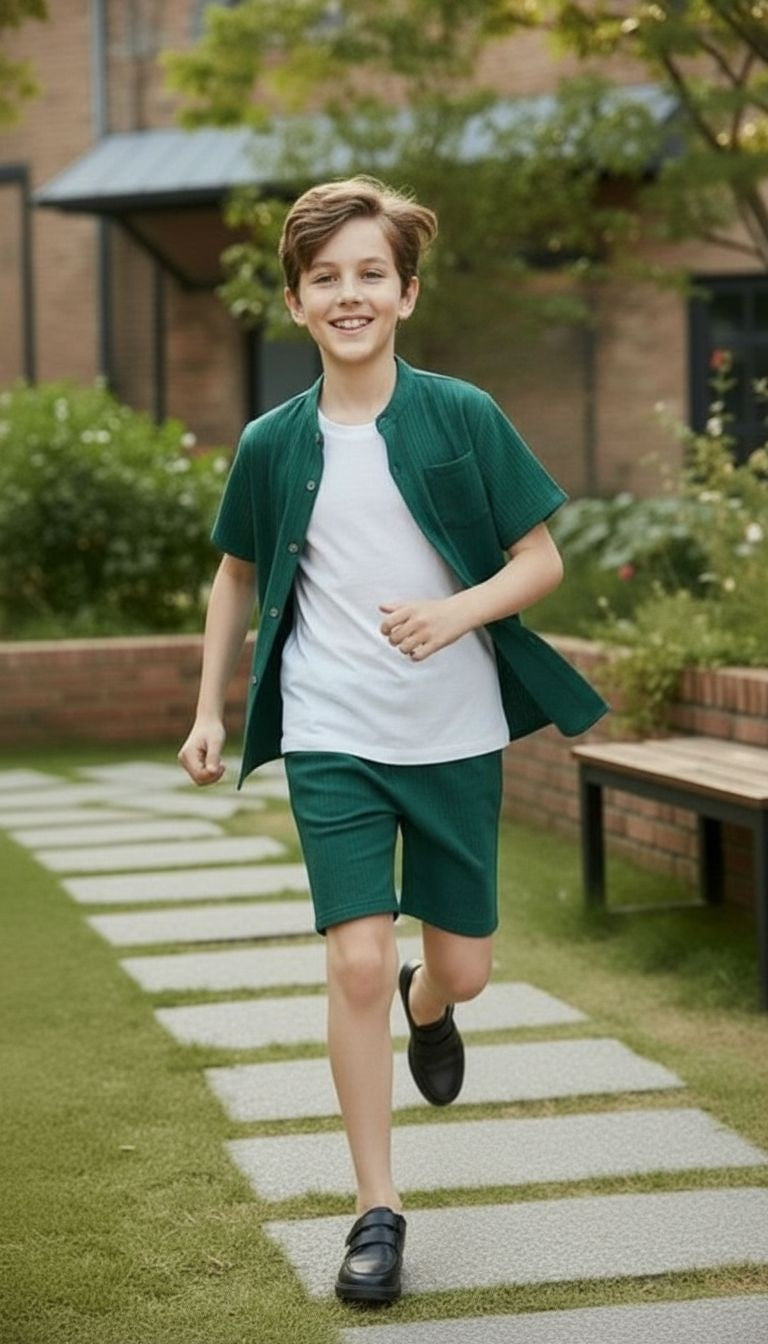 Textured Button Shirt & Shorts Set