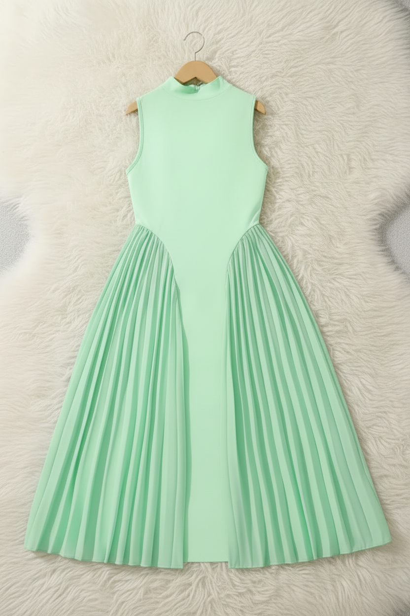 Elegant High‑Neck Pleated Skirt Dress - Mint & Navy
