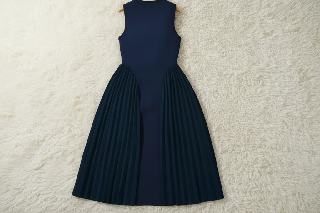 Elegant High‑Neck Pleated Skirt Dress - Mint & Navy